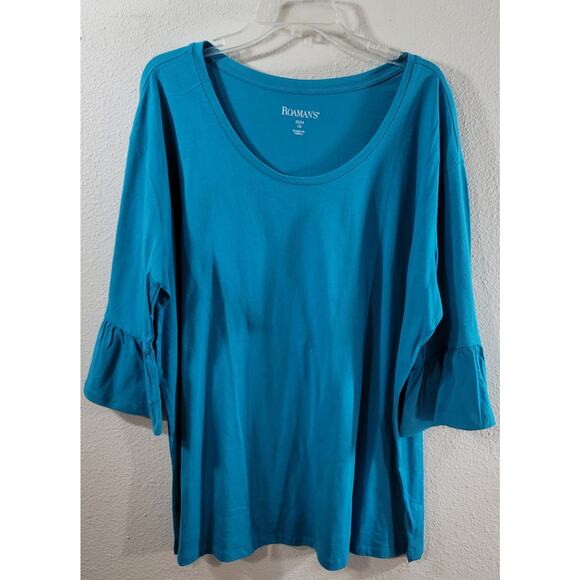 Roaman's Blue Round Neck Ruffled 3/4 Sleeve Top 1X Plus 22 24 New Without Tags - Picture 5 of 6